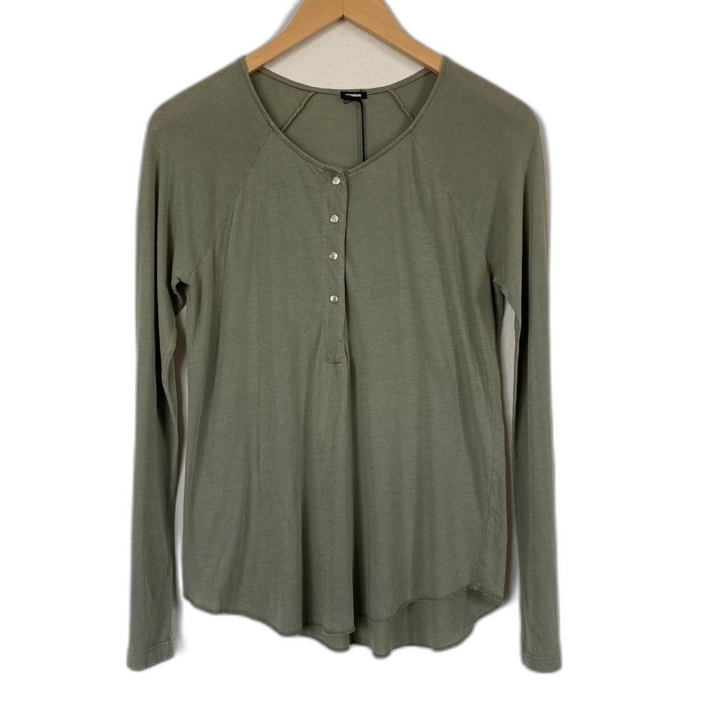 Monrow Sage Green Sheer Knit Long Sleeve Henley Top Layering Basic Size Medium